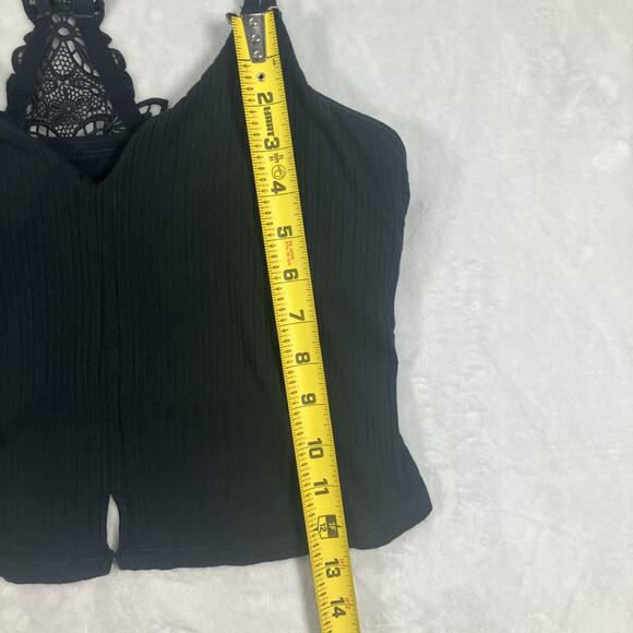 Aerie Size XL Women's Lace Racerback Built In Bra Cropped Tank Top Black Ribbed - Picture 8 of 14